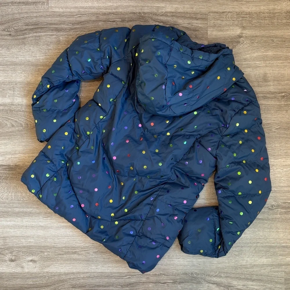 Swiss Tech girls fleece lined dark blue polkadot print winter puffer jacket